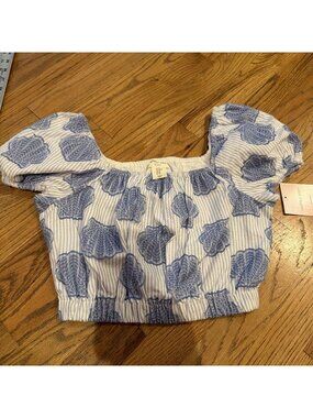 HAPPILY GREY KIDS BLUE SEASHELL CROPPED SHIRT NEW XS
